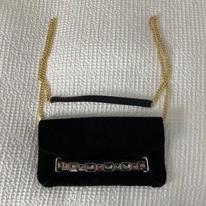 Talbots black suede Gemstone clutch with cardholder and gold chain strap